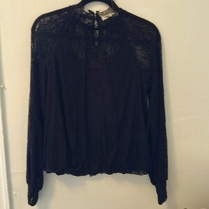 🦋NWT Ambien Skies Top black long-sleeve lace blouse camisole high neckline SZ L
